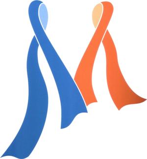 Logo M in blauer und oranger Schleife